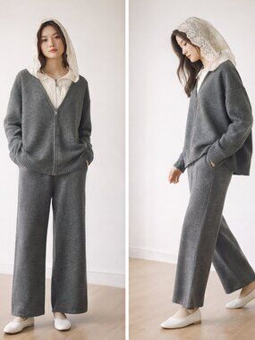 Gray Knit Two-Piece Set w/ Lace Hood – Cozy Chic Lounge Outfit M–L